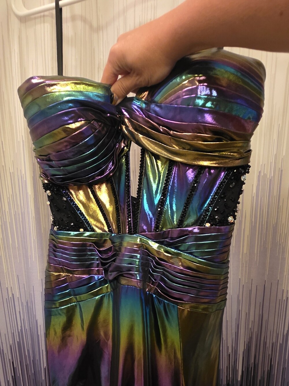 Jovani Iridescent Strapless Evening Gown in Green Blue Purple - Picture 7 of 10